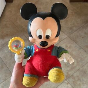 Vintage Mickey Mouse Plush Toy with Rattle - Red and Yellow